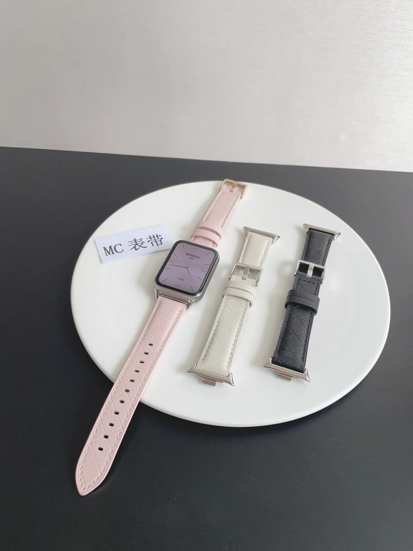 MC表带适用小米手环9pro菱格纹官款真皮8pro红米watch5/4腕带透气