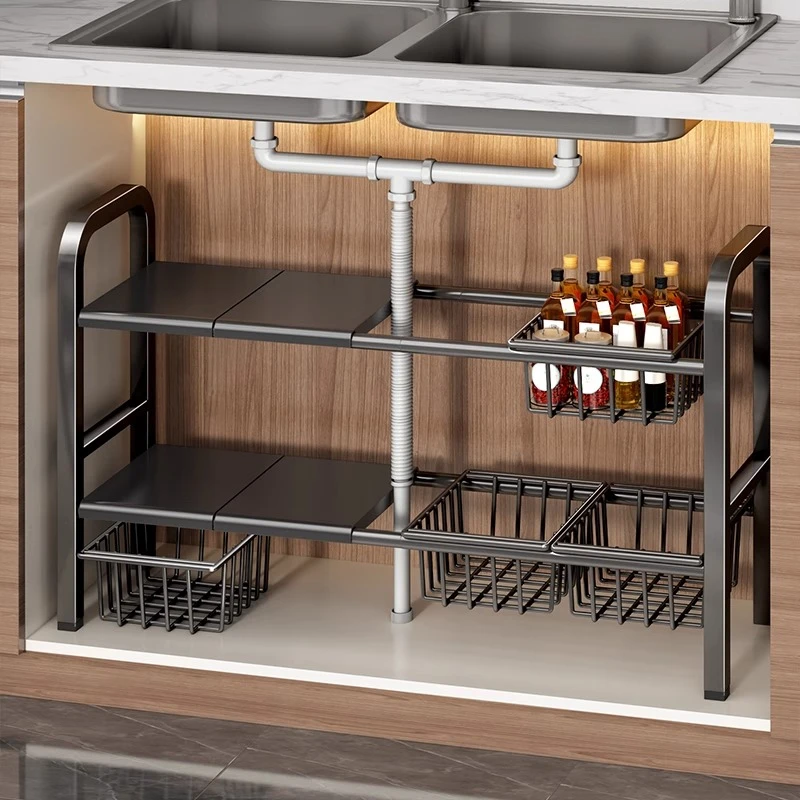 优勤可伸缩厨房下水槽置物架家用多功能橱柜锅架分层收纳架储物架