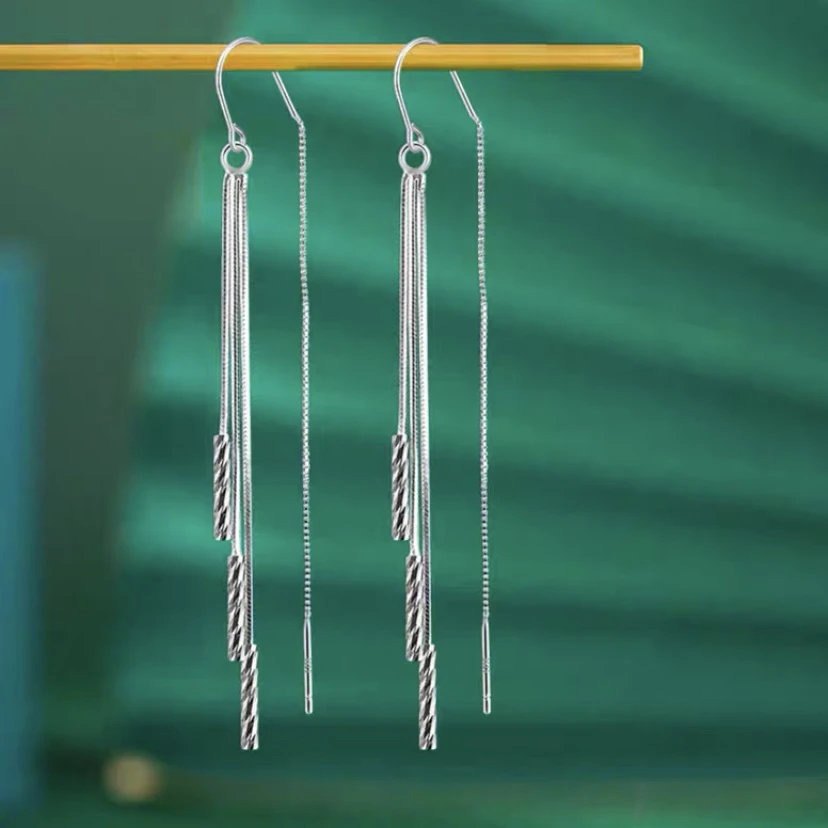 足银耳饰 990纯银防丢耳线时尚简约流苏耳环百搭多流苏线条感耳坠