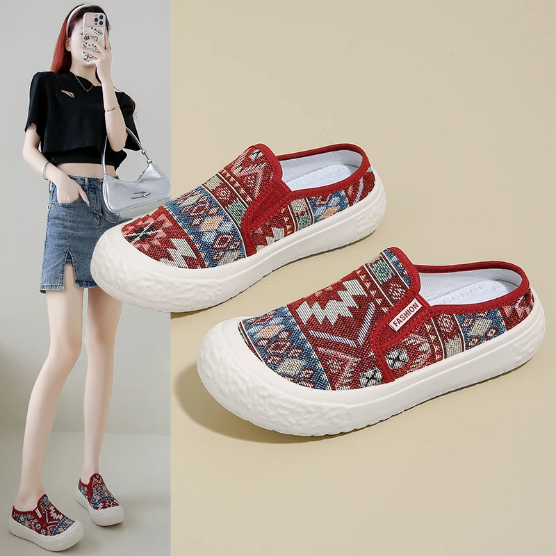 2025夏季新款舒适透气休闲百搭帆布鞋时尚半拖一脚蹬懒人鞋学生女