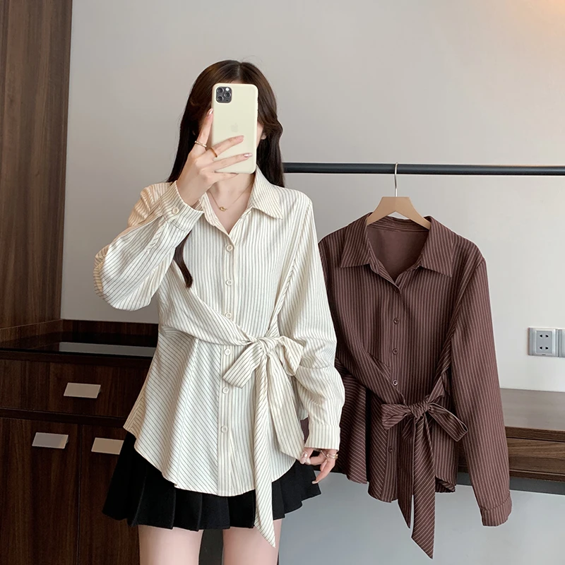 秋装新款胖mm大码女设计感条纹绑带收腰显瘦衬衫上衣23016【0052】