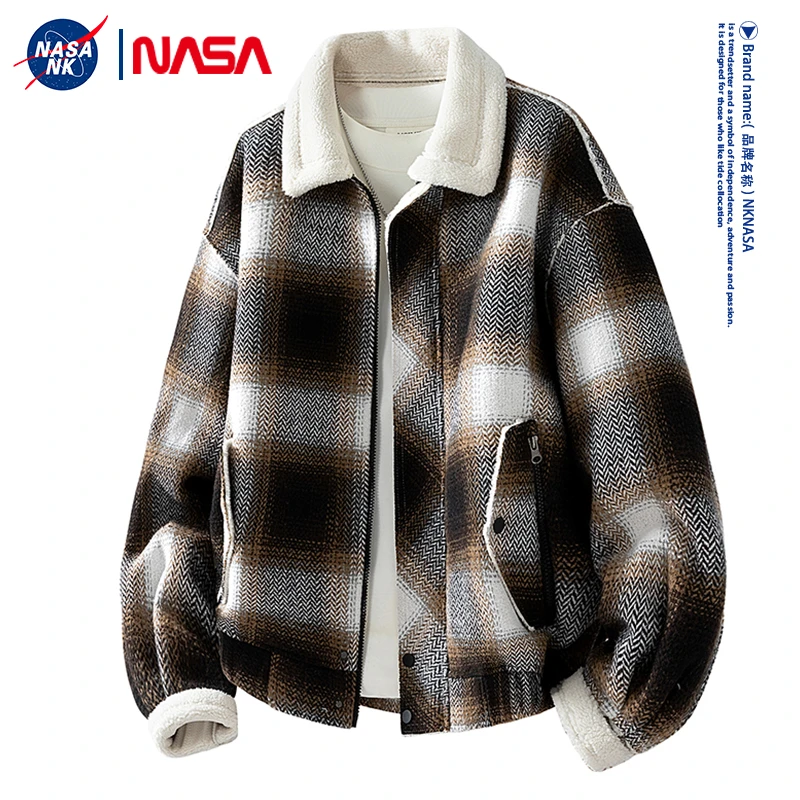 NASA联名秋冬季毛呢外套男士小香风高级感加绒加厚保暖格纹夹克潮