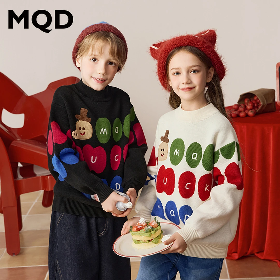 MQD童装儿童24冬新品学院风卡通字母趣味半高领保暖毛衣9644W07F5