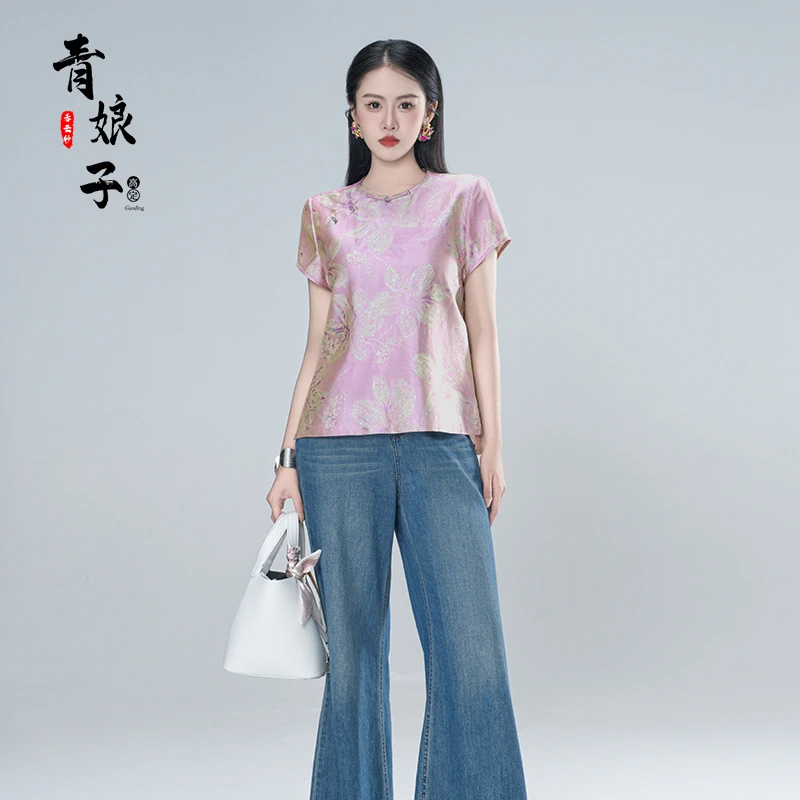 青娘子浮光锦 (露华)印染复古气质女士短袖套头时尚休闲上衣61237