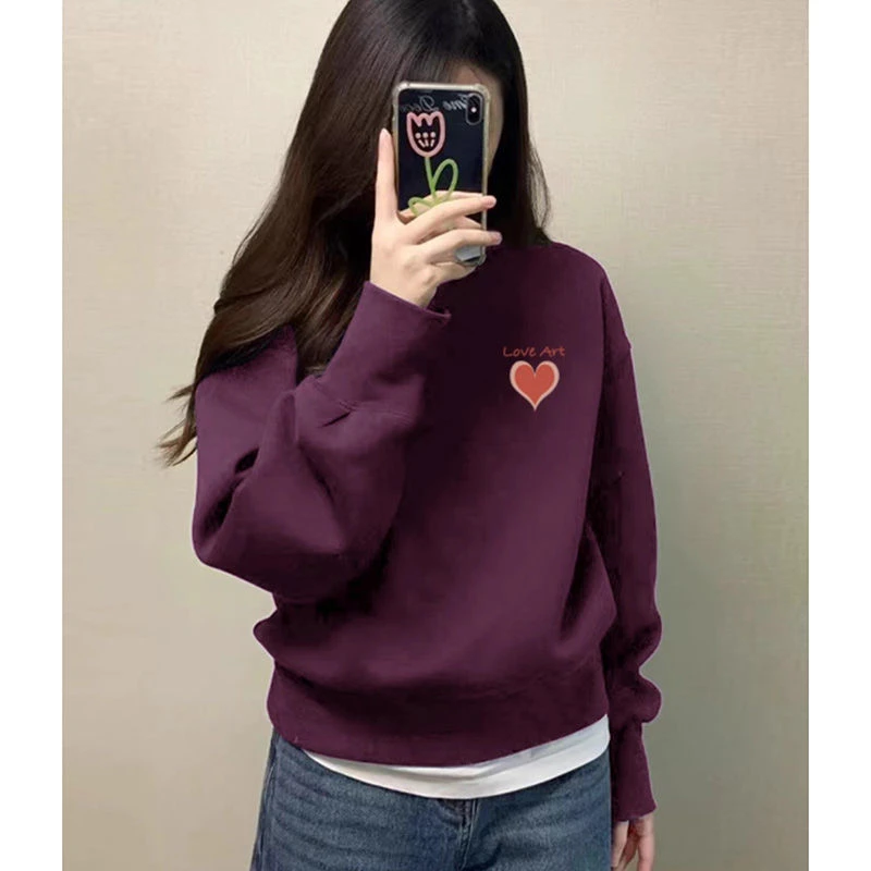 小个子圆领加绒加厚卫衣女无帽套头长袖宽松上衣2025秋冬