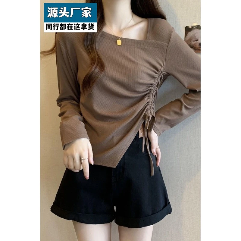 梵乐芬大码女装韩版洋气方领抽褶上衣女秋新款胖mm遮