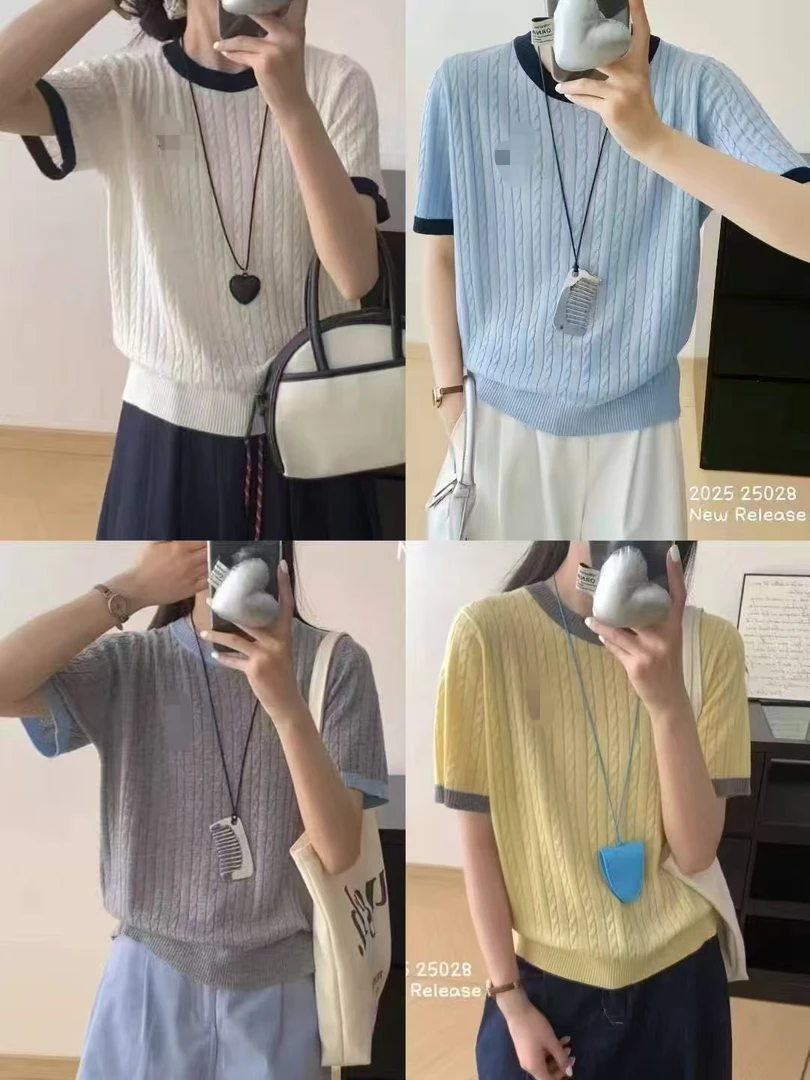 [熙兰雅家]欧货夏季薄款女士麻花时尚圆领拼拼色短袖针织衫A70