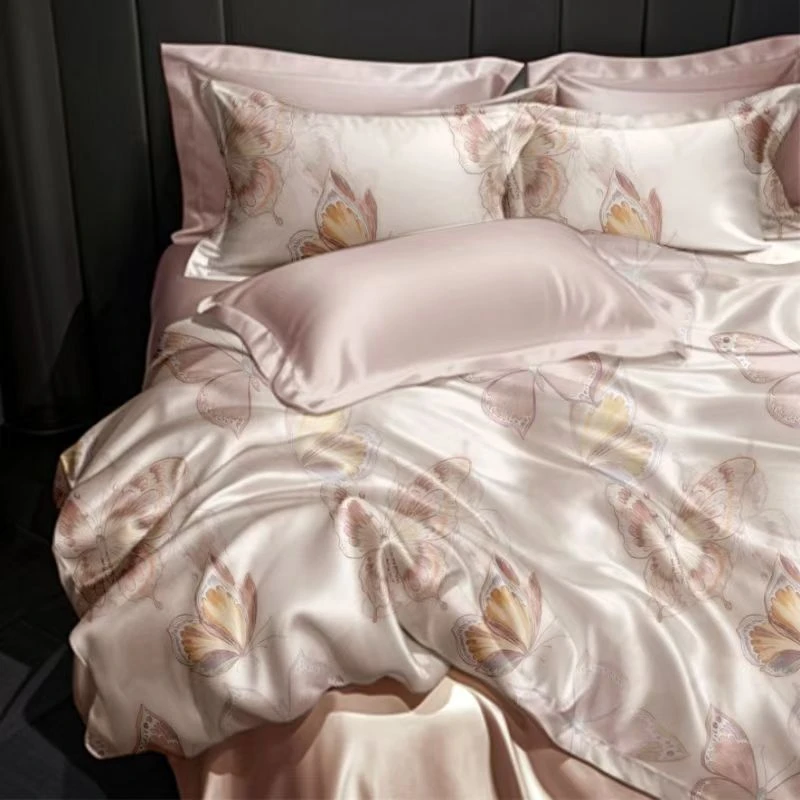 【专柜断码】FLX- 真丝棉天丝数码印花四件套-彩翼翩翩系列-粉色