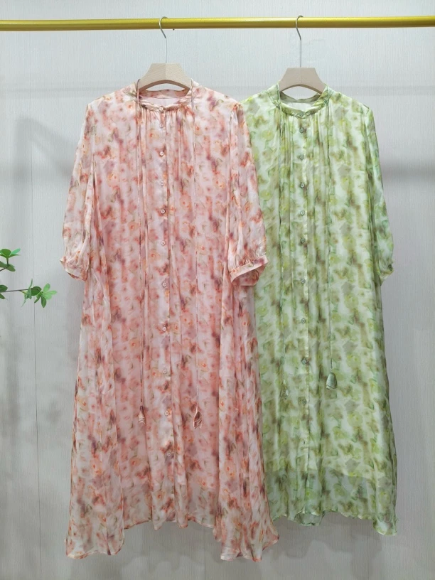 【Hua】32220夏季新款宽松百搭海边度假长款如花在野桑蚕丝连衣裙