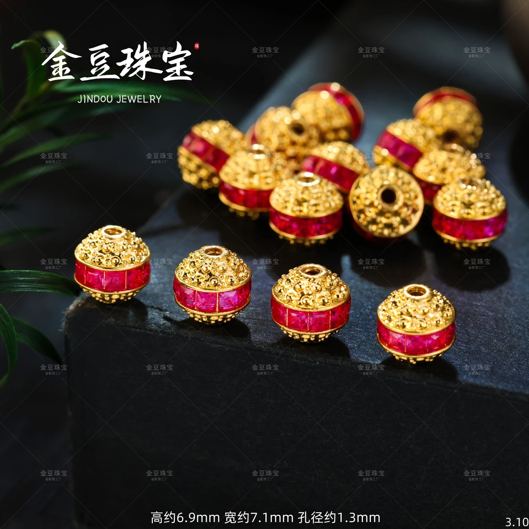 【金豆工厂】18K金镶一线药师红色金腰带隔珠转运珠（厚5D金）V