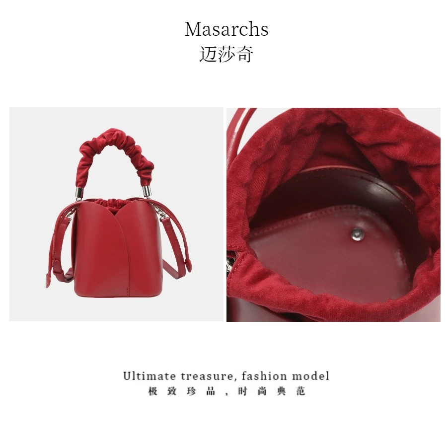 Masarchs/迈莎奇新款红色花瓣手提水桶包晚宴包-MS5057绯红色