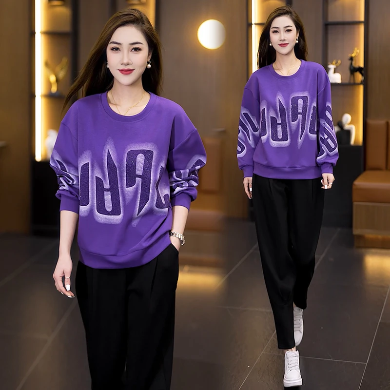 休闲时尚套装2025春季新款设计感字母印花烫钻圆领卫衣裤子两件套