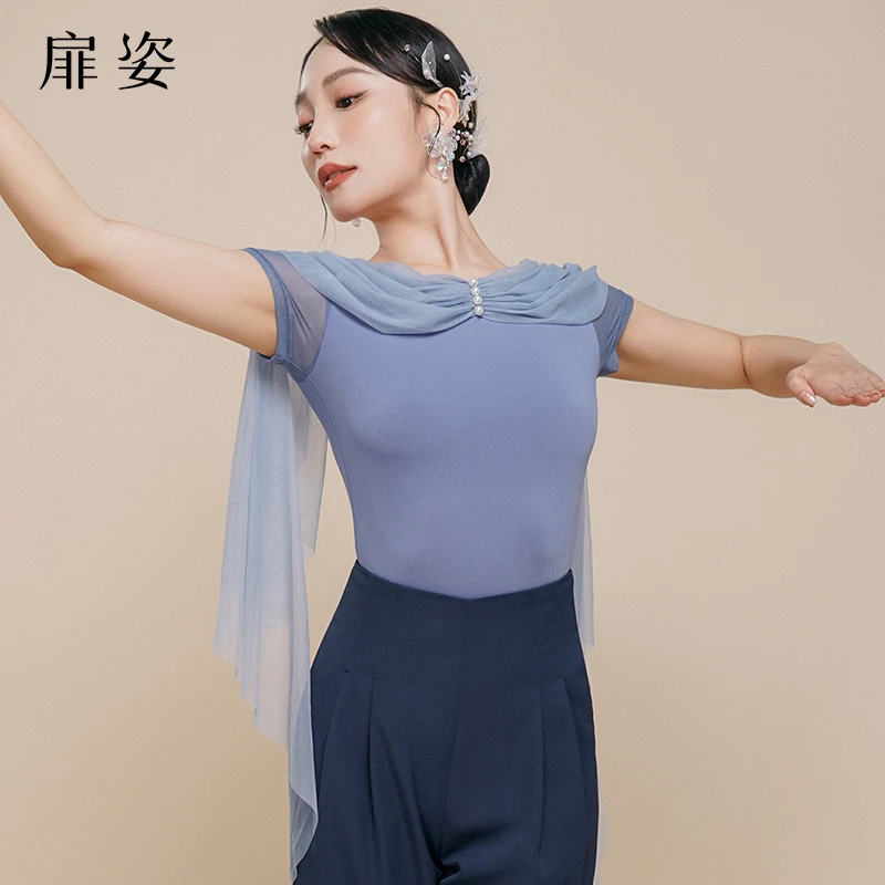 扉姿 摩登舞服女新款专业交谊舞连体衣网纱飘逸短袖跳舞上衣F1240