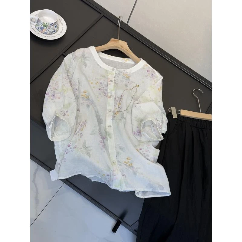 自然女神~清雅印花/莱赛尔苎麻 清爽又透气温柔宽松衬衫24327