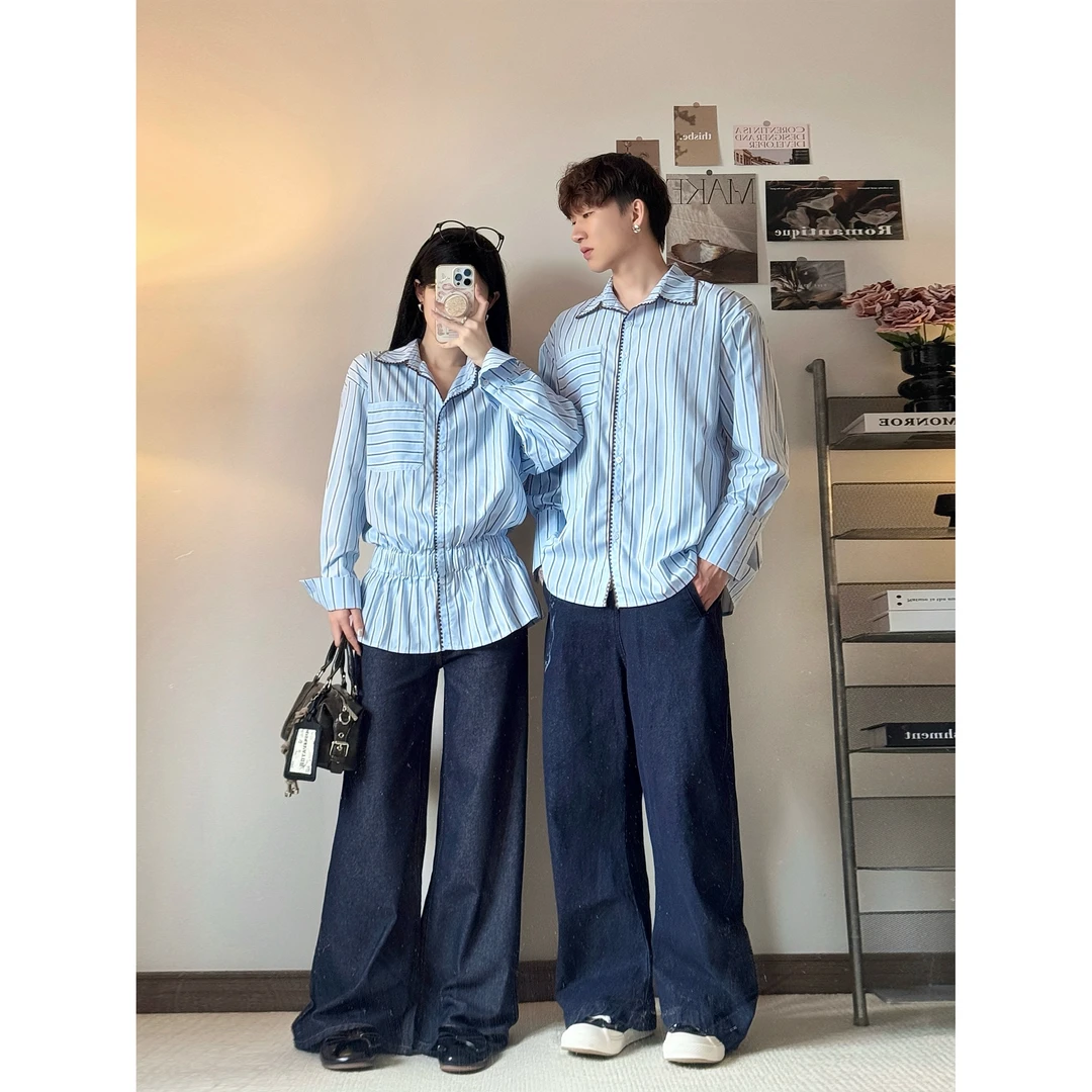 情侣装蓝色衬衫女秋季高级感chic别致上衣法式条纹设计感长袖衬衣