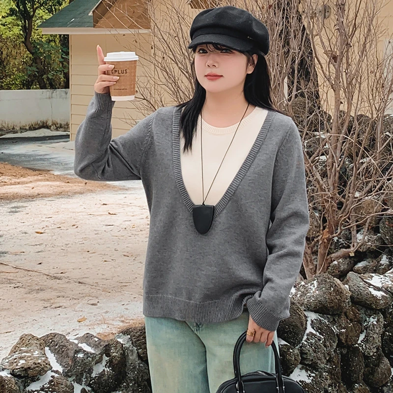 冬季新款高级感老钱风百搭显瘦毛衣200斤胖mm假两件针织衫上衣女