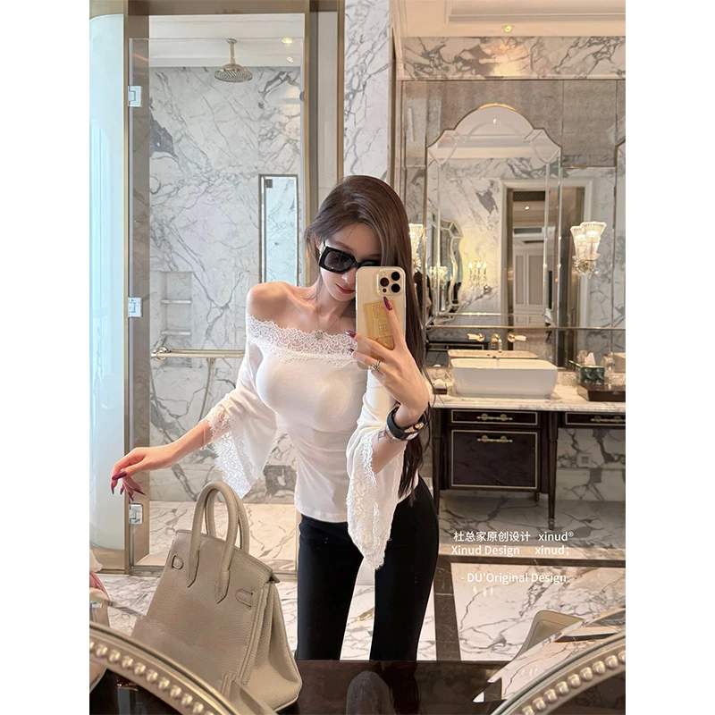 杜总家 柔媚纸片人*原创性感蕾丝一字肩女修身舒适纯欲风露肩上衣