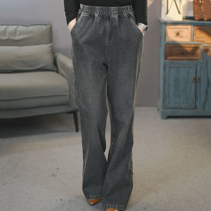 知秋6805黑色#2025春季复古显瘦牛仔直筒裤松紧腰时尚拖地梧桐裤