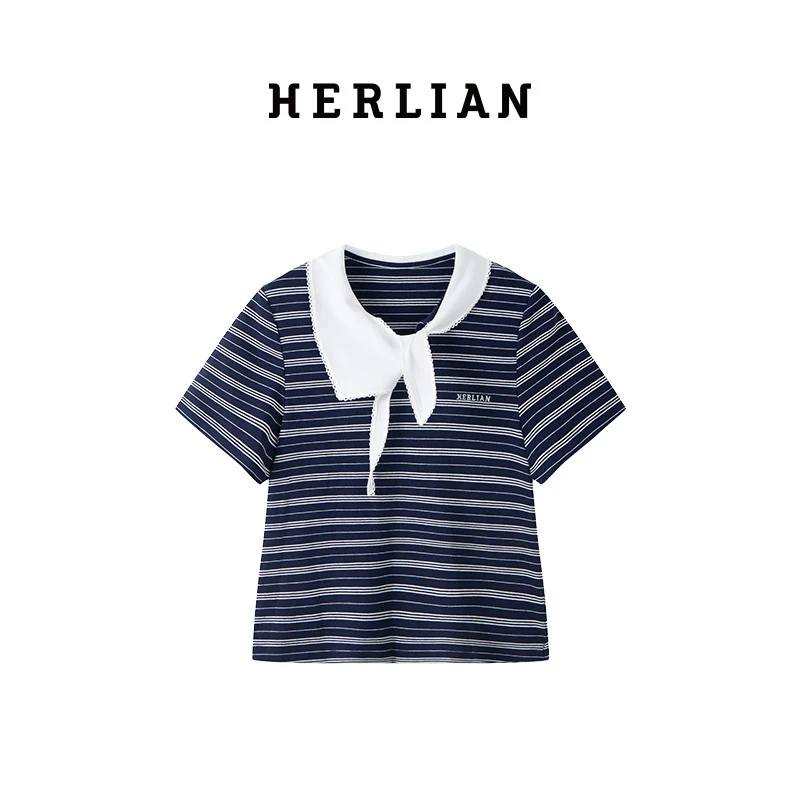 HERLIAN 2025夏季新品女士领口系带蝴蝶结设计短版条纹T恤