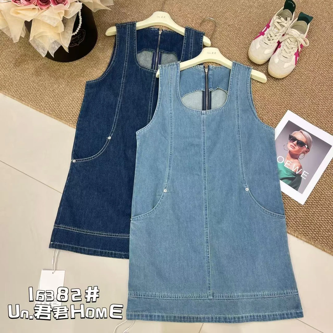 君君家【港风复古】16382港风复古无袖牛仔背心裙宽松减龄连衣裙