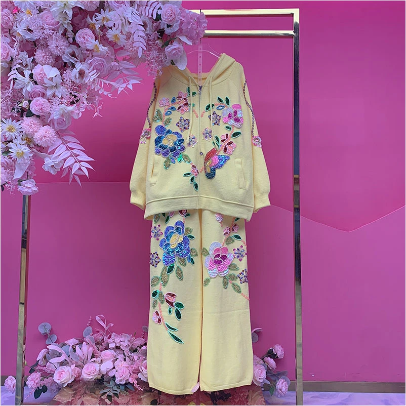 A4919欧美设计师2025冬季新款重工钉珠刺绣亮片花朵时尚毛衣套装