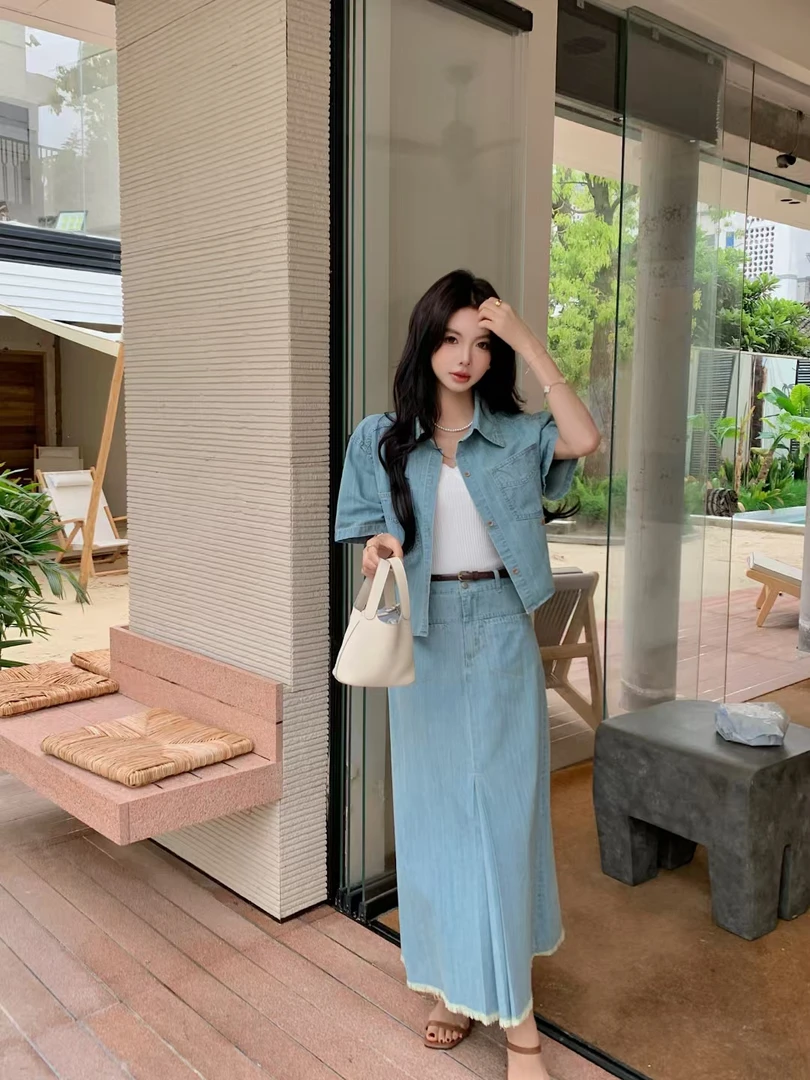 休闲风时尚短袖牛仔上衣夏季时尚短款2300812