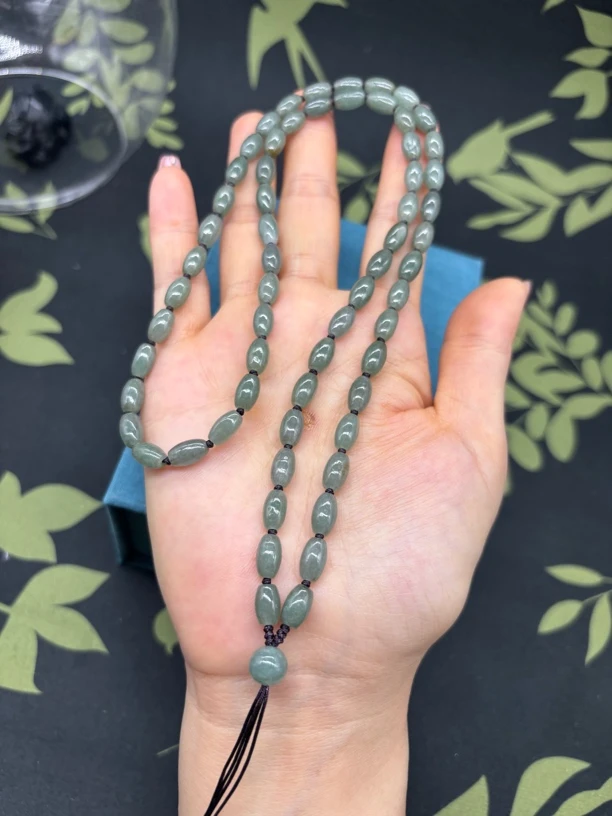 福利款天然缅甸翡翠a货米珠5X8mm老坑油青色玉石挂坠绳毛衣链项链