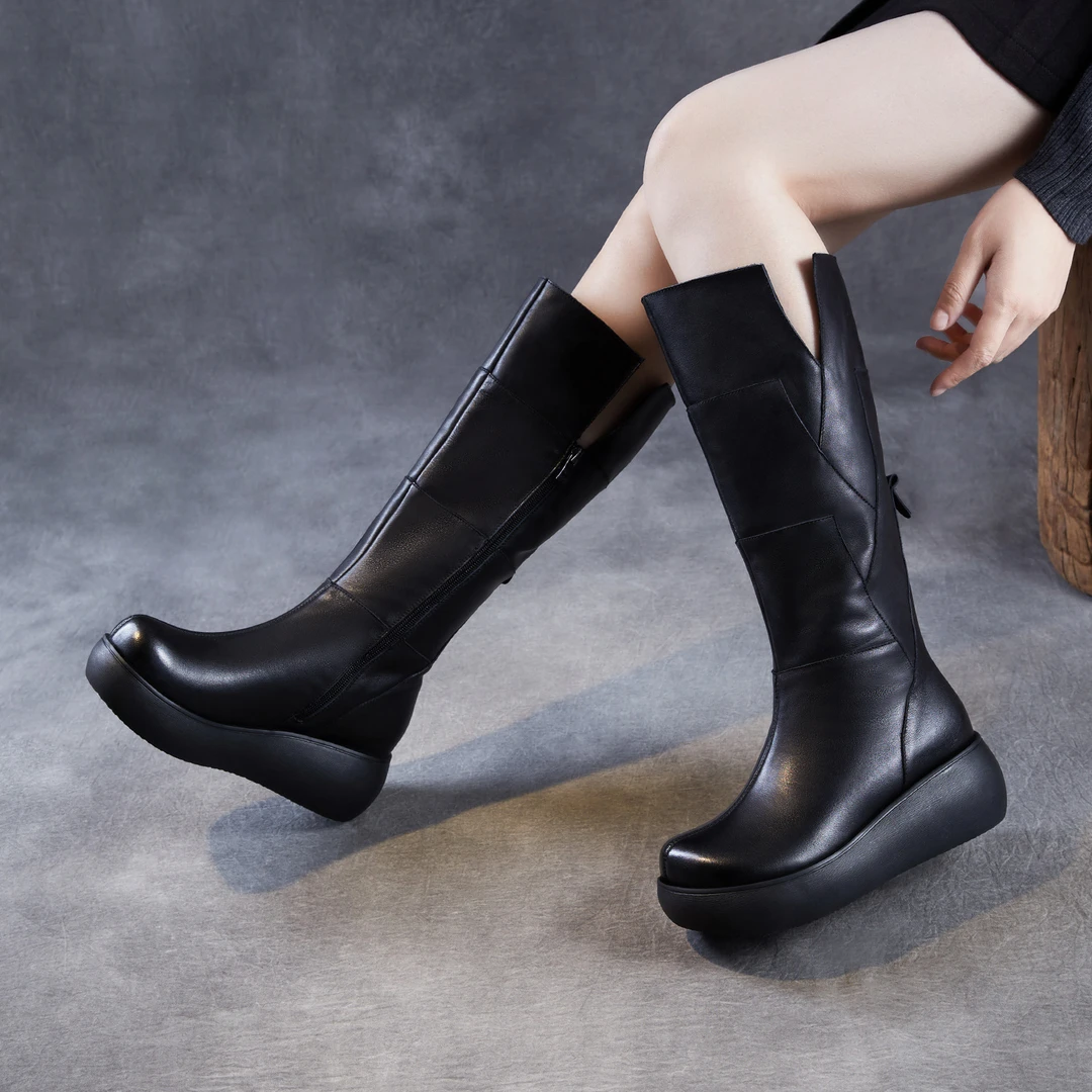 小个子百搭厚底高筒骑士靴女2025新款冬季真皮松糕及膝加绒长筒靴