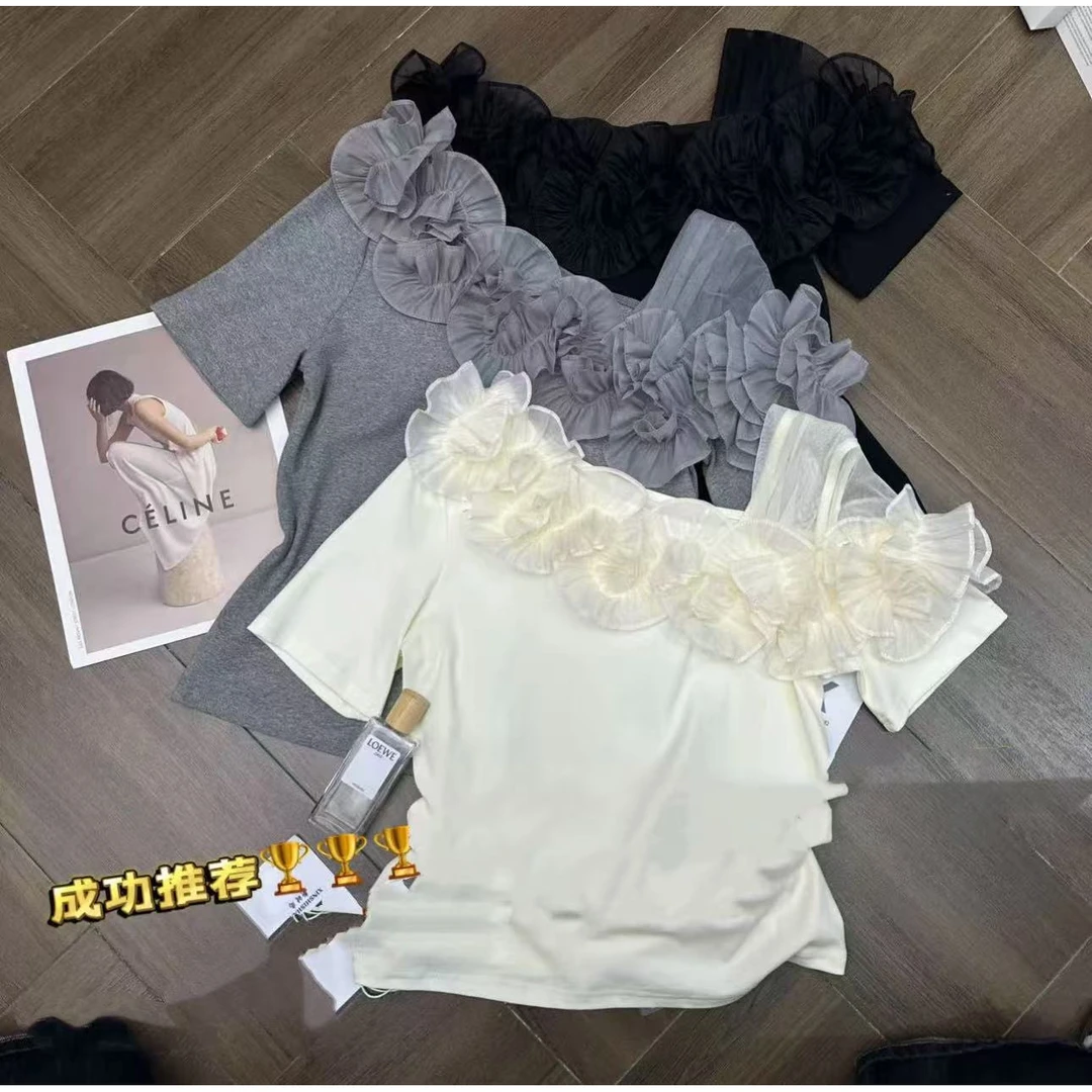 常规款圆领短袖甜美风宽松型T恤气质套装百搭甜美短款拼接