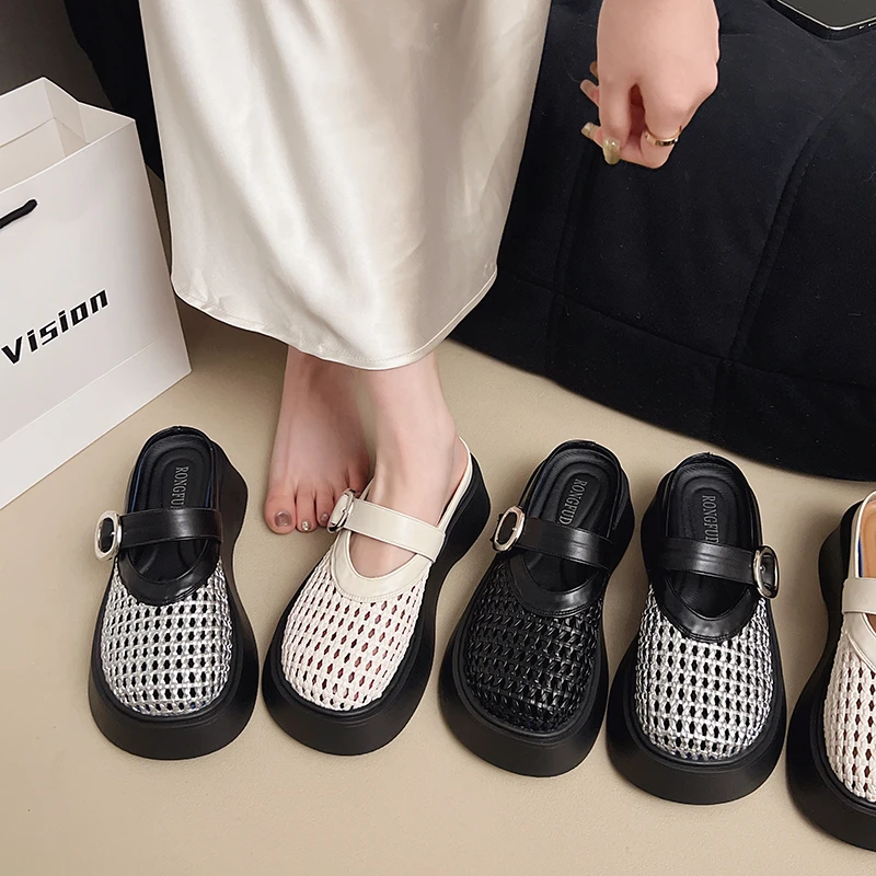 2025夏季新款编织透气镂空包头半拖鞋女潮流厚底增高无后跟勃肯鞋