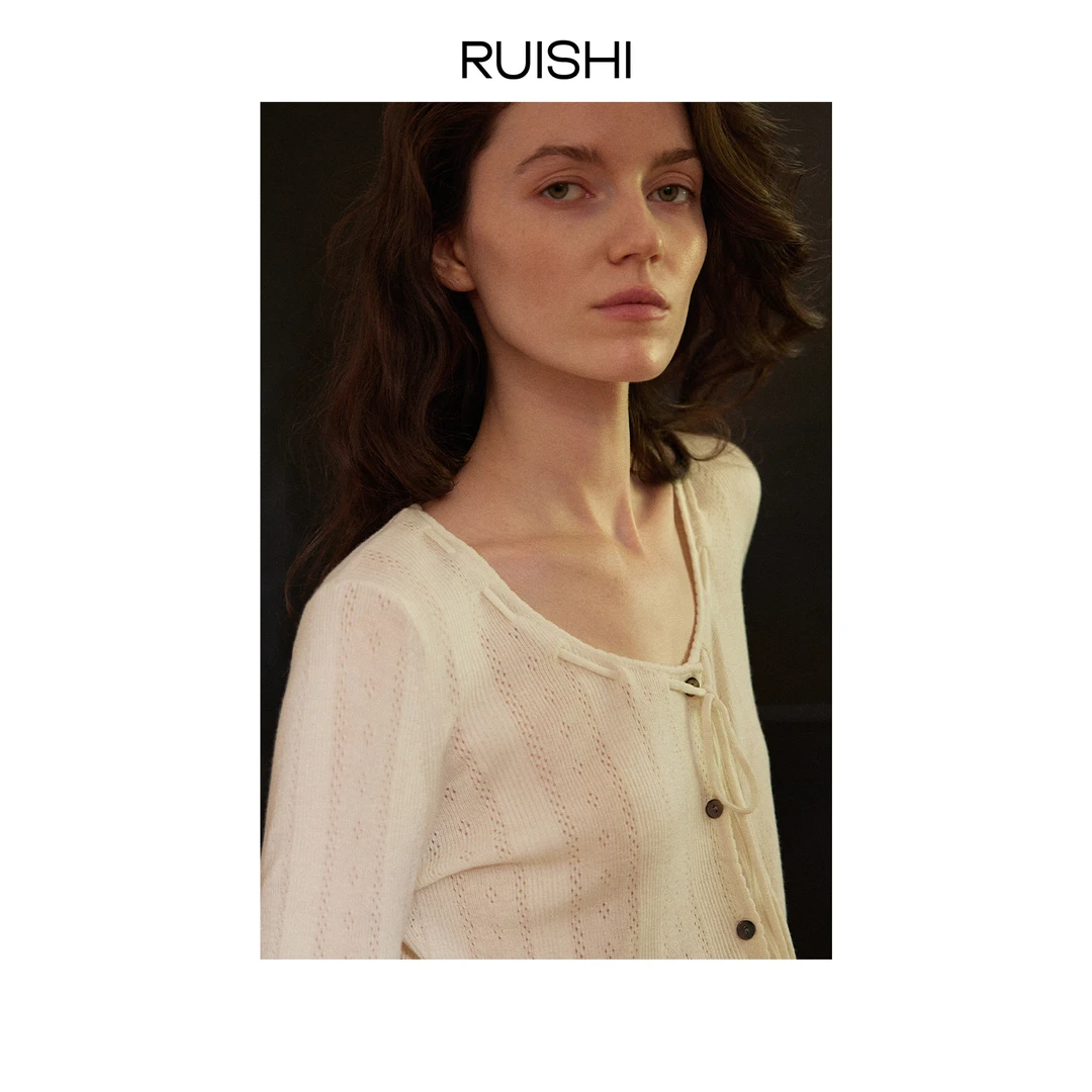 RUISHI芮时 “洛克下午茶”羊毛蕾丝提花针织开衫女秋R25C103974
