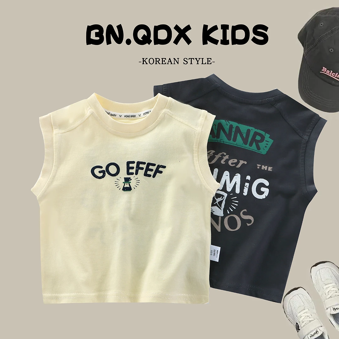 【100%棉】夏季新款儿童纯棉韩版T恤无袖背心中大童男女童