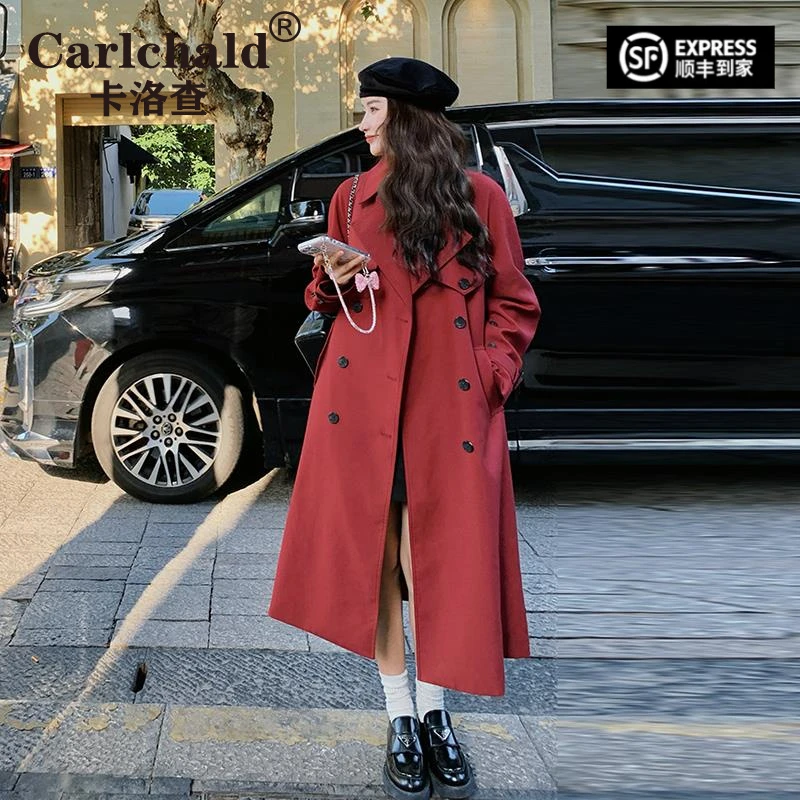 CARLCHALD卡洛查红色风衣外套女中长款2025春秋新款韩系红色战袍