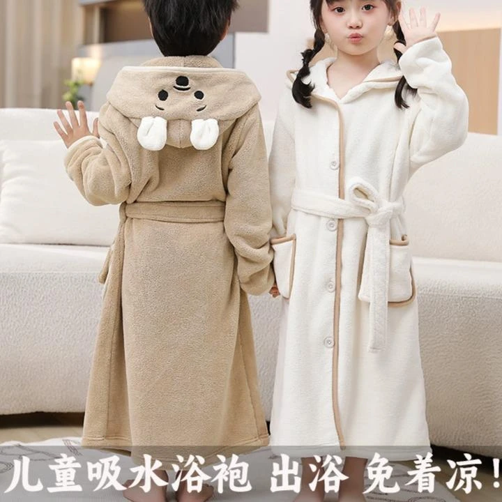 吸水儿童浴袍涤锦珊瑚绒毛巾料中大童家居服宝宝睡衣加厚卡通可爱