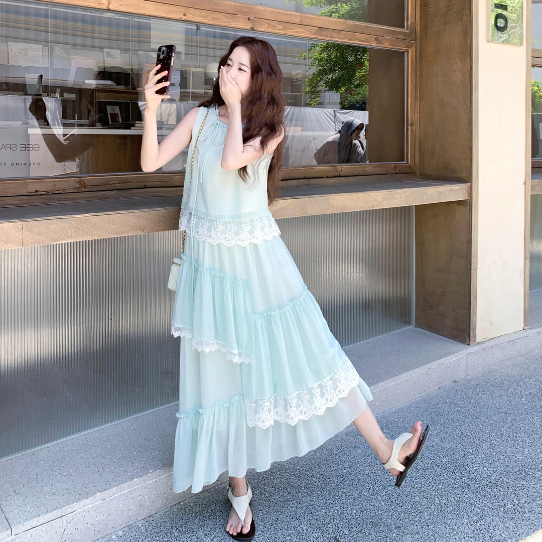 薄荷曼波蕾丝拼接背心半身裙套装两件套女夏季绝美巨好看的仙气风