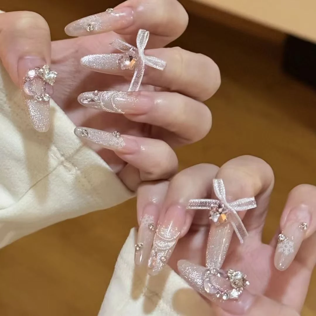 手工穿戴甲爆闪裸粉猫眼蝴蝶结新款长款甜美ins纯欲杏仁甲穿戴甲