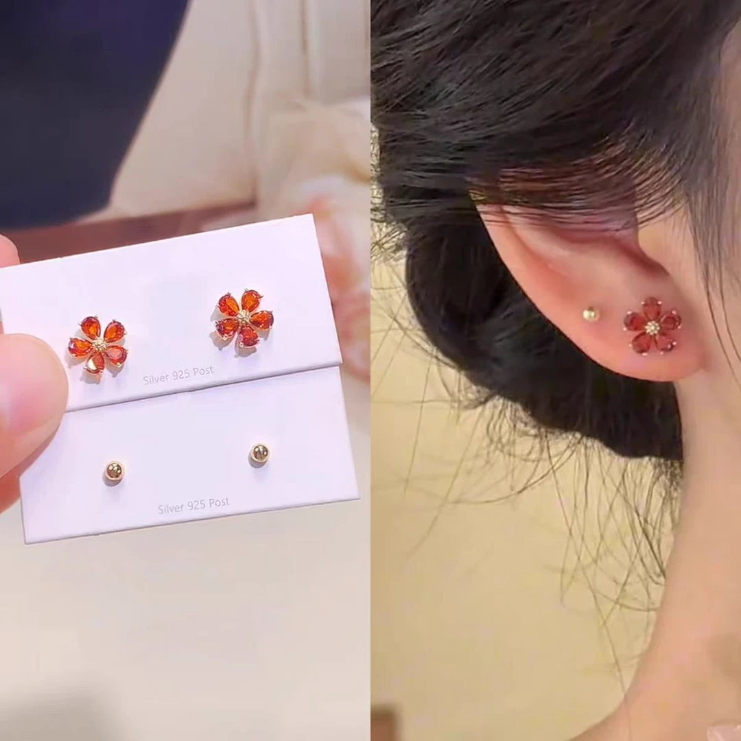 红色锆石花朵珠珠耳钉百搭四件套耳环小众设计感精致时尚气质耳饰