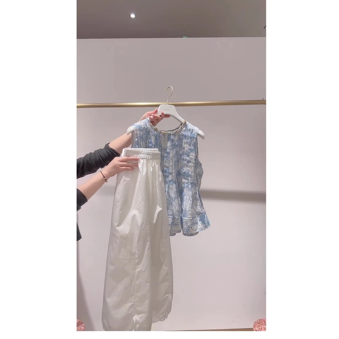 初夏搭配一整套蓝色背心高腰半身裙独特绝美套装夏季女装2025新款