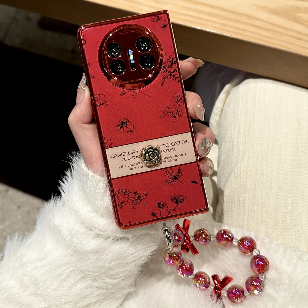 适用华为mateX6折叠屏X5电镀红气质山茶花创意手提手机壳x3典藏版