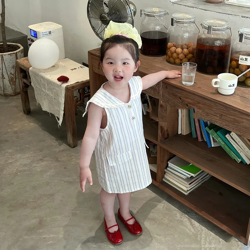 壹妈韩版独特洋气女童装2025夏装新款翻领无袖连衣裙气质百搭裙子