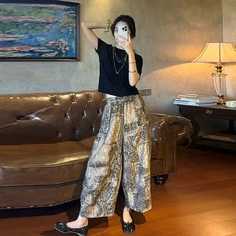薄款夏季透气轻奢风印花炸街网红休闲裤休闲气质减龄