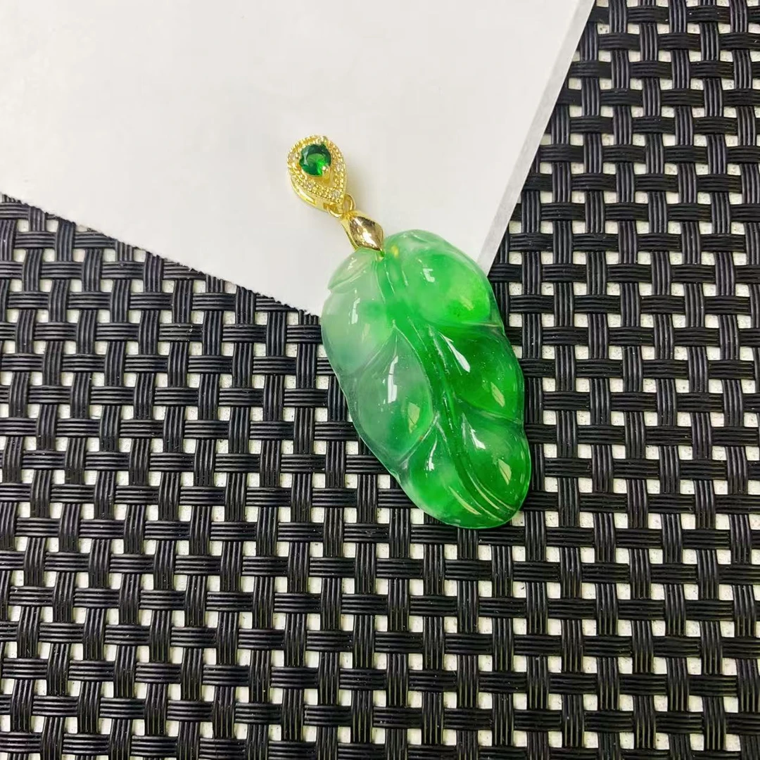 [小石]A1049透冰绿花叶子吊坠