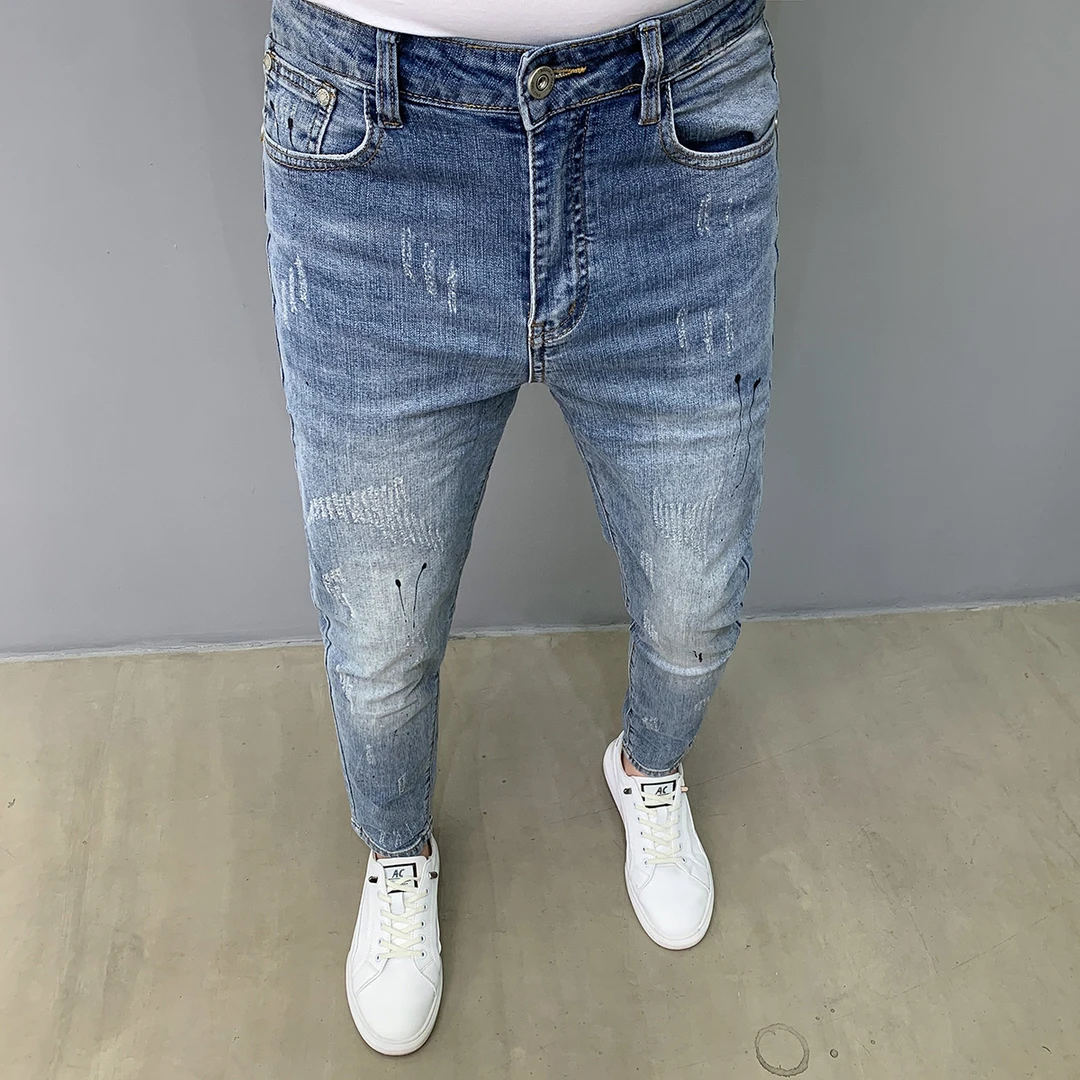 2025新款抓痕牛仔裤男水洗蓝色休闲百搭时尚泼墨修身弹力小脚长裤