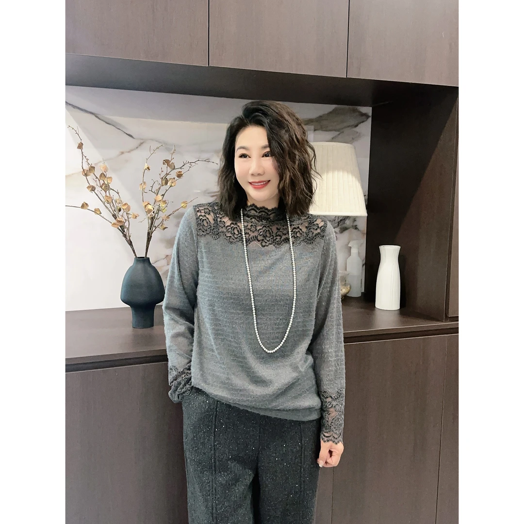 微胖女装【艺术品】定制蕾丝直上领打底T恤拼接蕾丝上衣20573