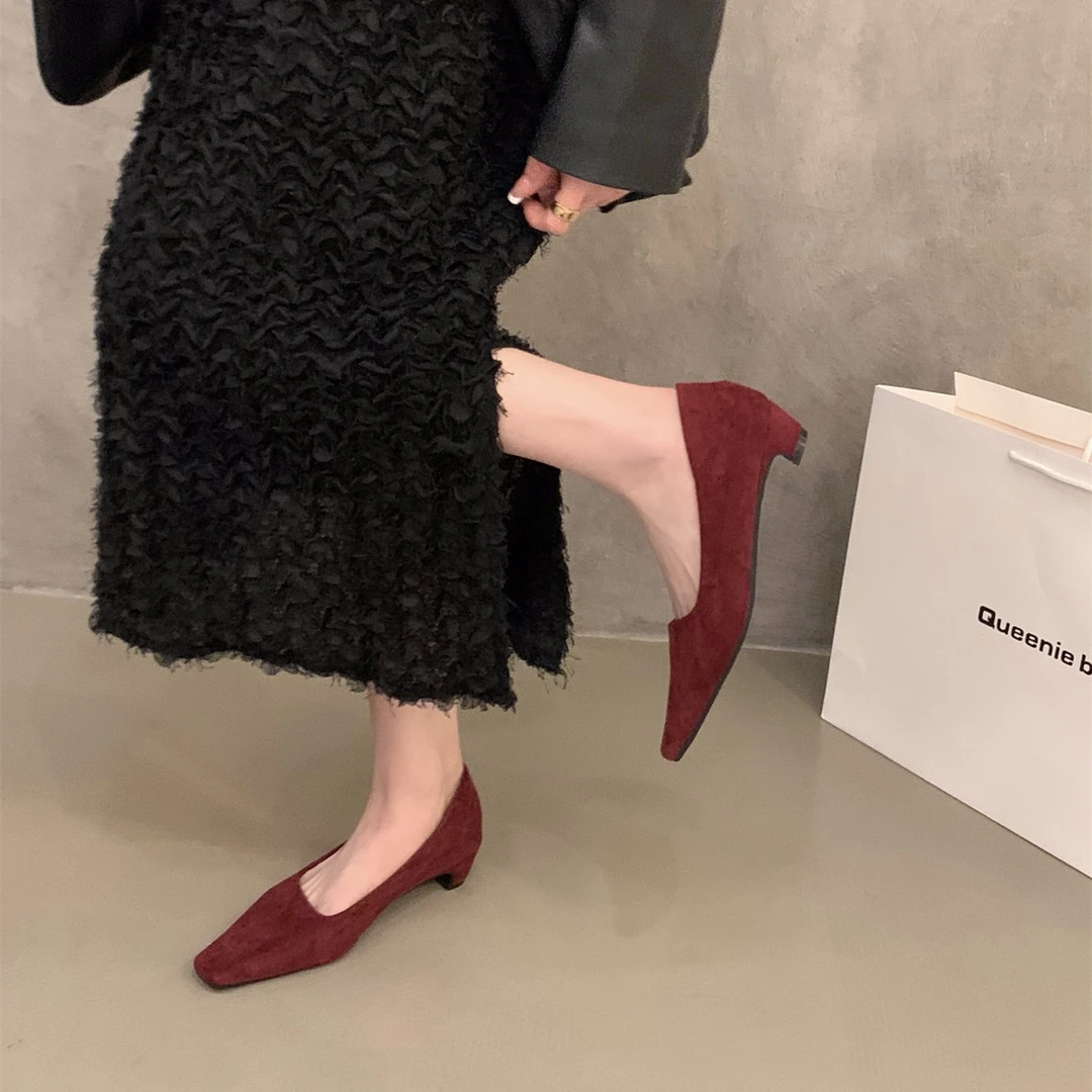 【粗跟3cm】法式红色绒面单鞋女鞋子秋季百搭方头浅口通勤晚晚鞋
