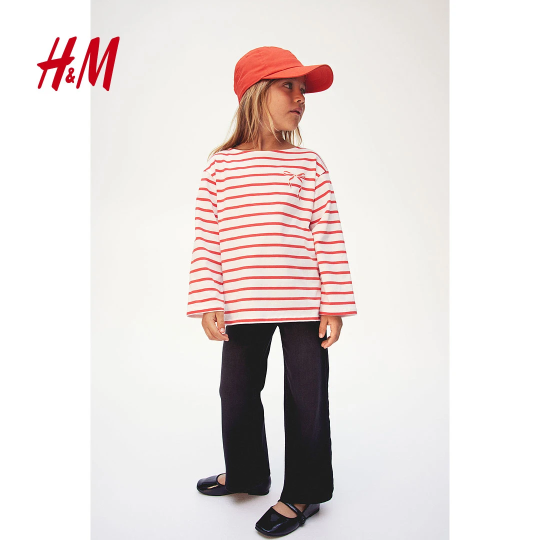 【达】HM童装女童T恤2024秋季新款休闲时尚舒适刺绣设计上衣1245309