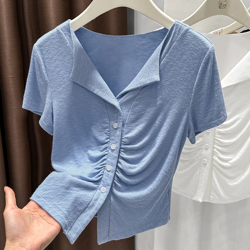 清冷系ins风蓝色V领短袖T恤夏季新款柔软打底衫时尚百搭女款上衣
