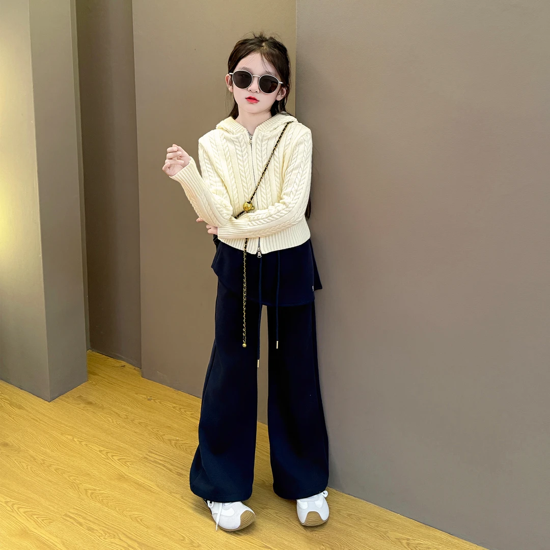 女童2025新款中大童韩版秋冬季休闲开衫时尚毛衣加绒休闲裤套装潮