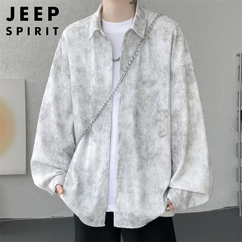 JEEPSPIRIT肌理感扎染长袖衬衫男士春秋季潮流宽松休闲痞帅衬衣男