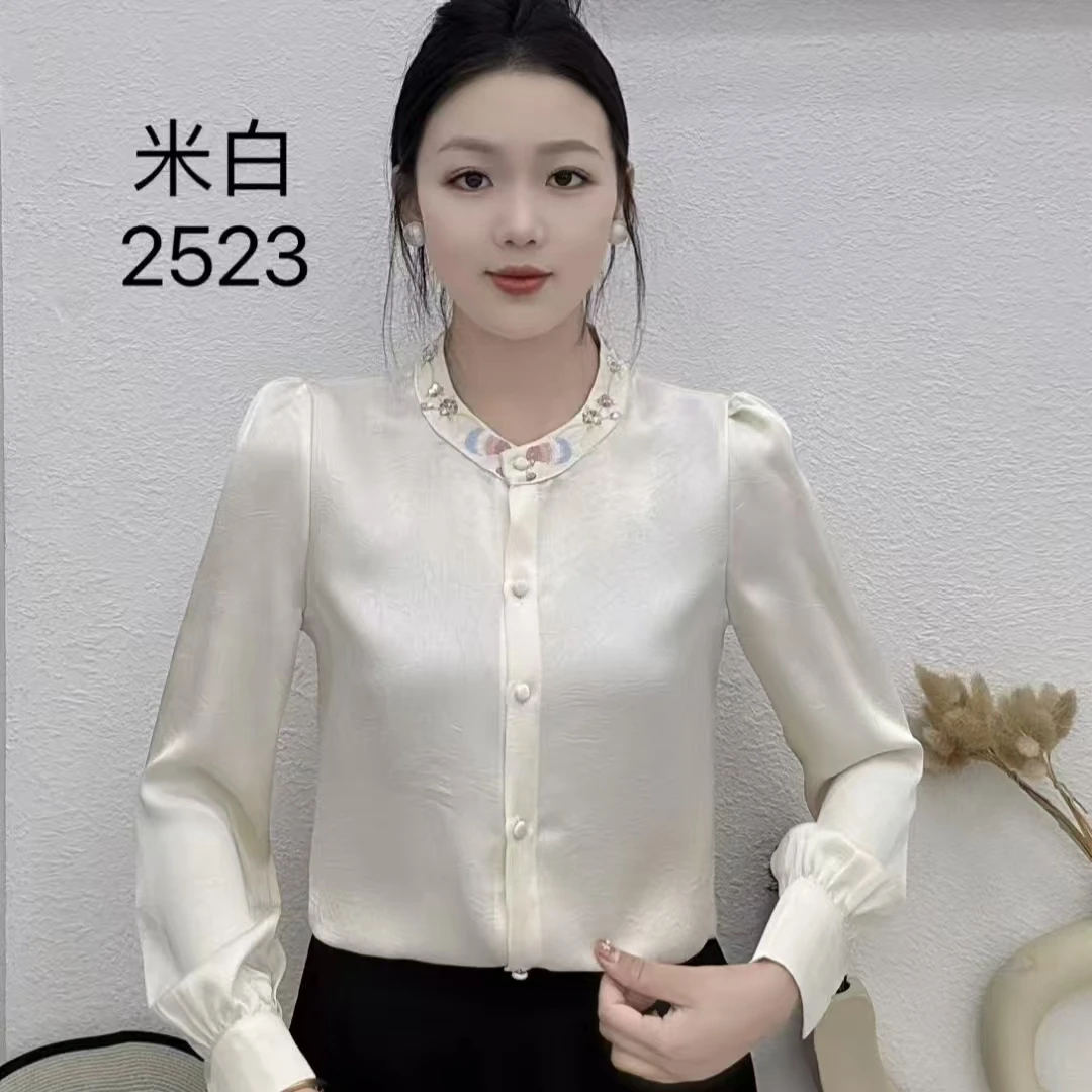 2523春季新款珠片绣花纯色上衣显瘦洋气时尚百搭衬衫女